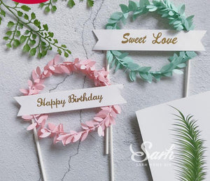 2Pcs Pink Green Leaf Wreath "Happy Birthday" "Sweet Love" Cake Topper