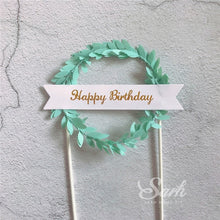 Load image into Gallery viewer, 2Pcs Pink Green Leaf Wreath &quot;Happy Birthday&quot; &quot;Sweet Love&quot; Cake Topper