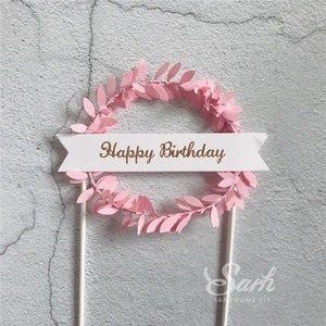 2Pcs Pink Green Leaf Wreath "Happy Birthday" "Sweet Love" Cake Topper